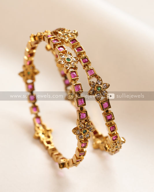 Ruby Stone & Flower Minimal Bangle - Set of 2
