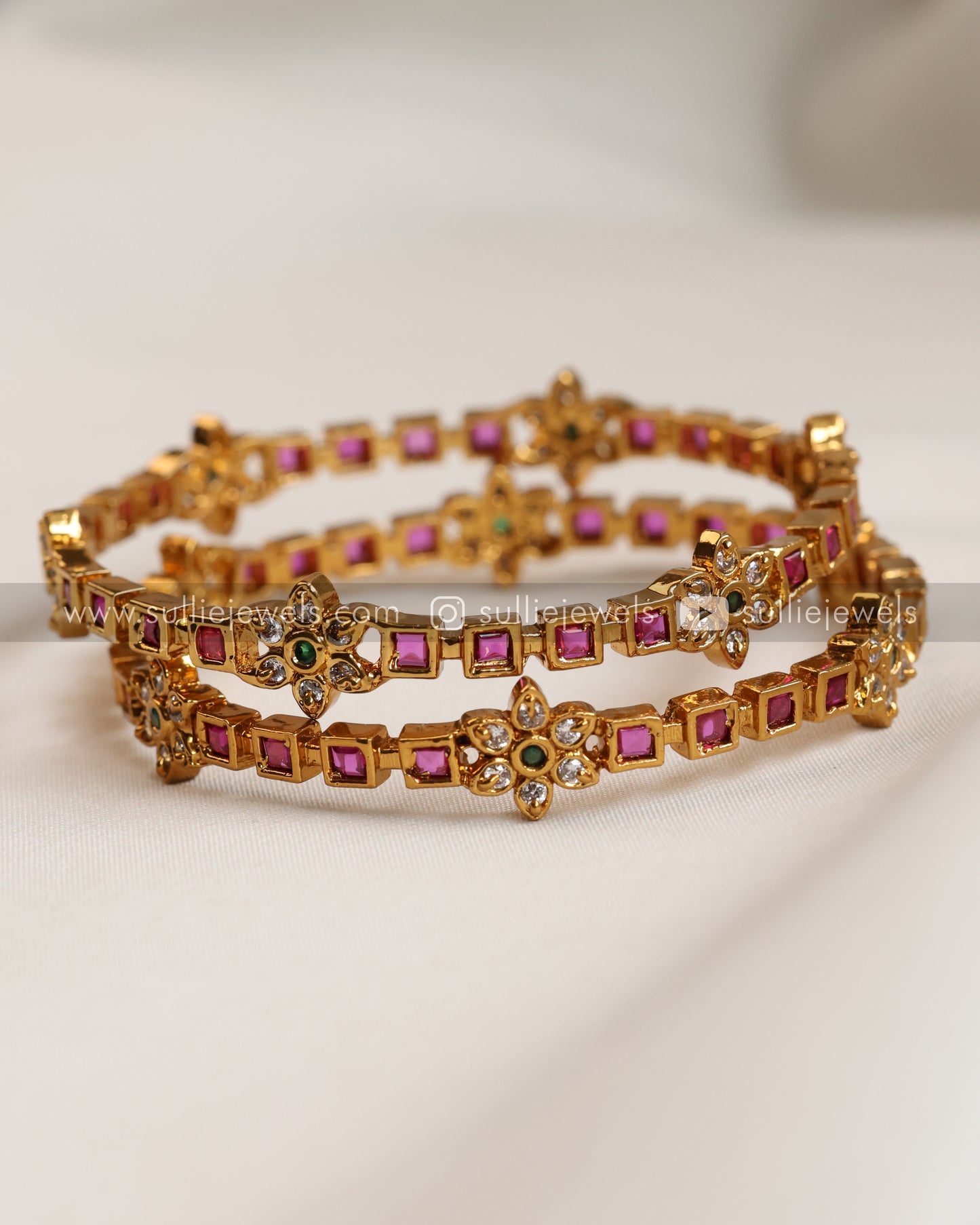 Ruby Stone & Flower Minimal Bangle - Set of 2