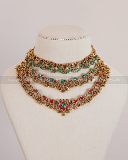 Sullie Basic - Ruby & Green Blue Jadau Replica Layered Necklace Combo