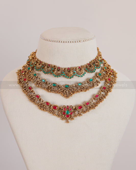 Sullie Basic - Ruby & Green Blue Jadau Replica Layered Necklace Combo