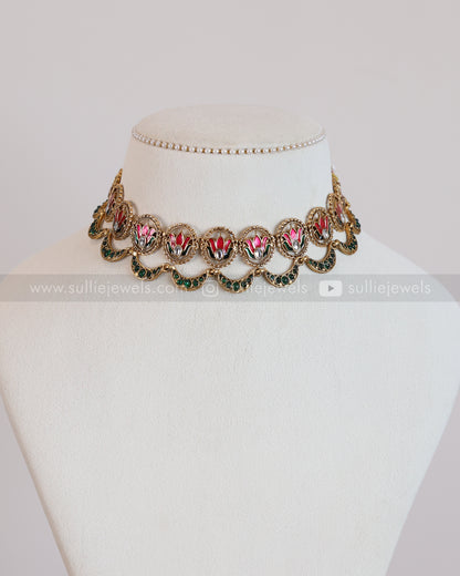 Sullie Basic - Green Stone Meenakari Lotus Layered Combo