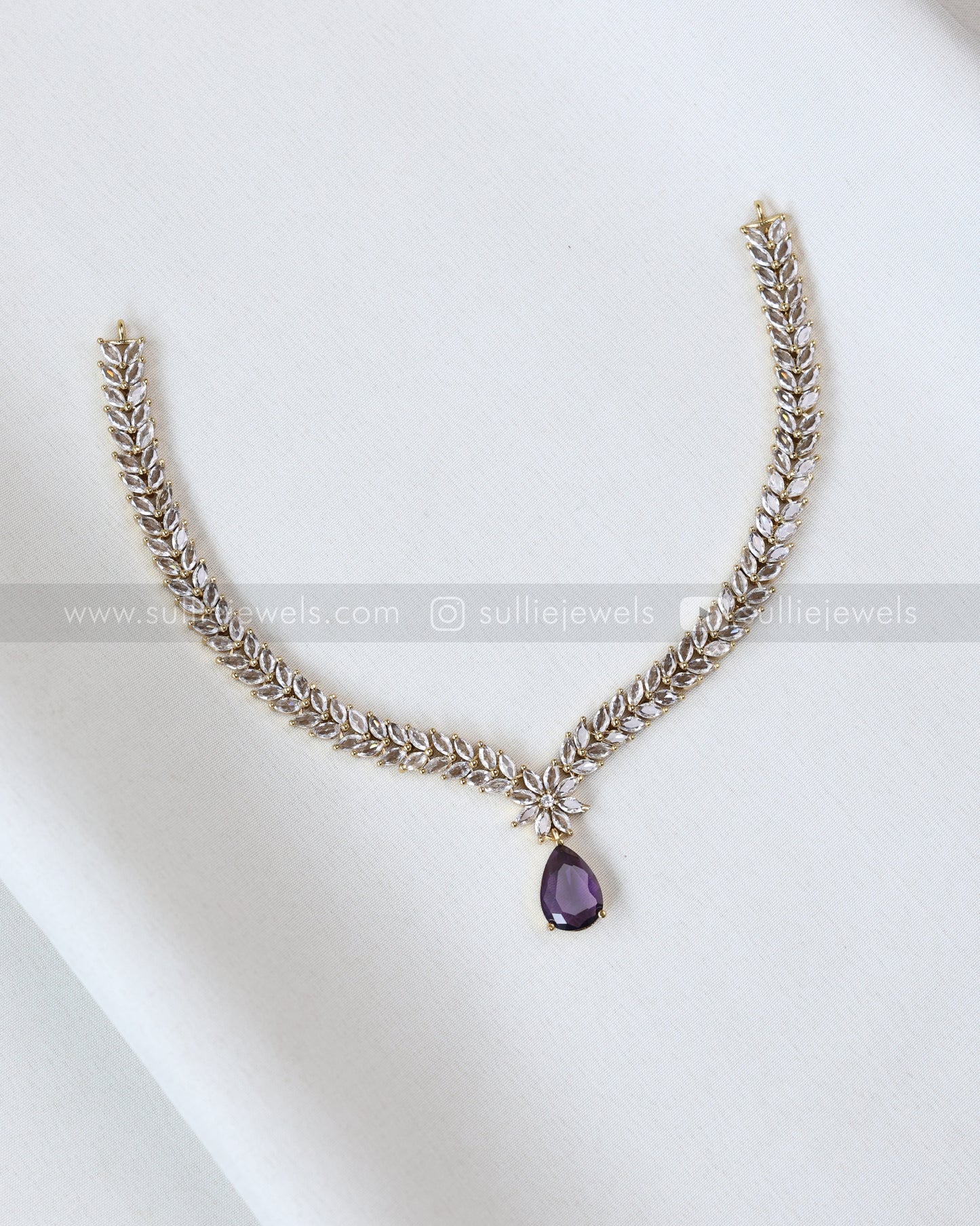 3682 - Violet Raindrop AD Stone Leaf Necklace with Earring