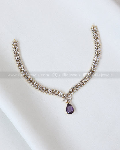 3682 - Violet Raindrop AD Stone Leaf Necklace with Earring