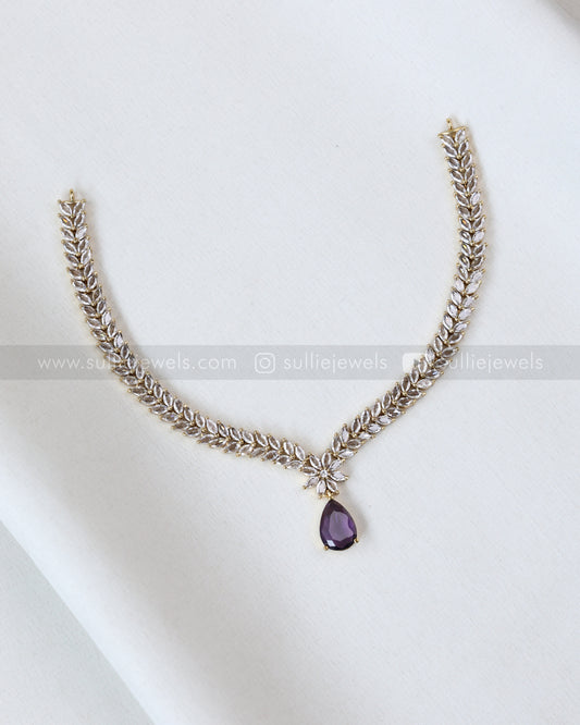 3682 - Violet Raindrop AD Stone Leaf Necklace with Earring