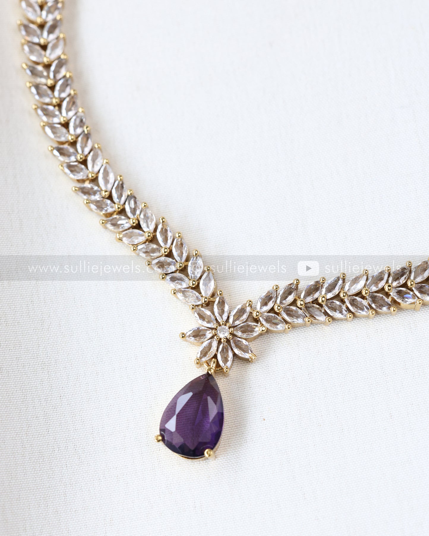 3682 - Violet Raindrop AD Stone Leaf Necklace with Earring
