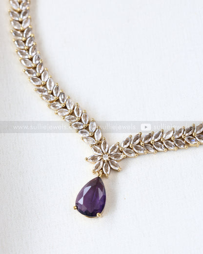 3682 - Violet Raindrop AD Stone Leaf Necklace with Earring