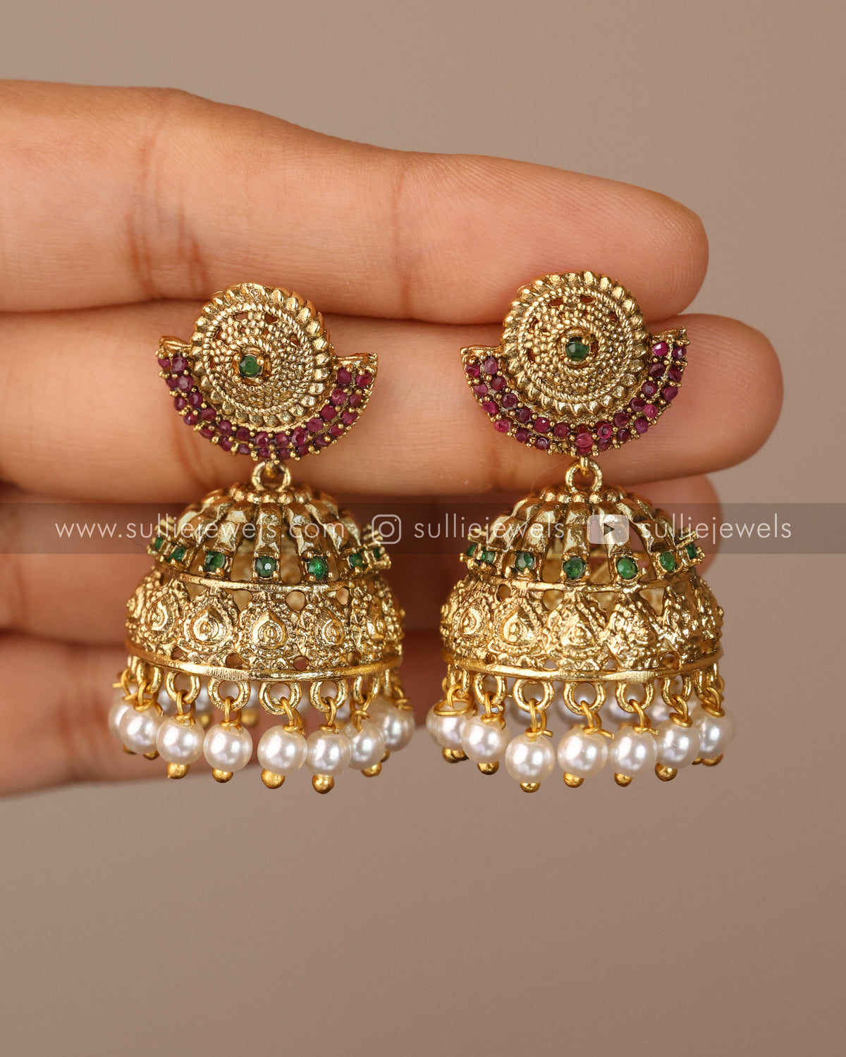 Jhumka Rhinestone Stone Gold Jhumka with Pearl Drops β sulliejewels
