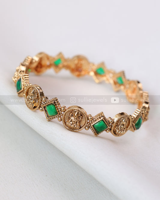 9072 - Sullie Basic - Green Square Stone Lakshmi Coin Bangle - Set of 2