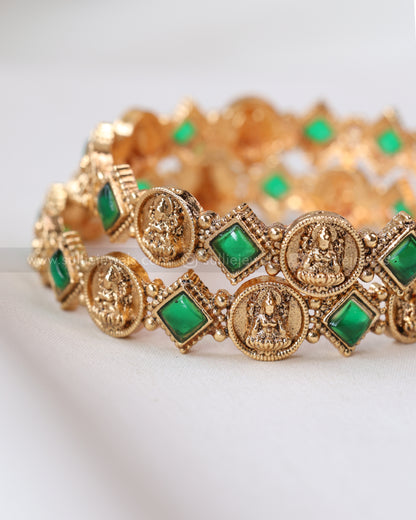 9072 - Sullie Basic - Green Square Stone Lakshmi Coin Bangle - Set of 2