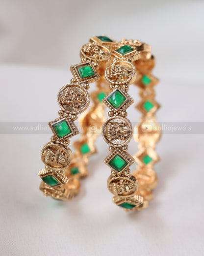 9072 - Sullie Basic - Green Square Stone Lakshmi Coin Bangle - Set of 2