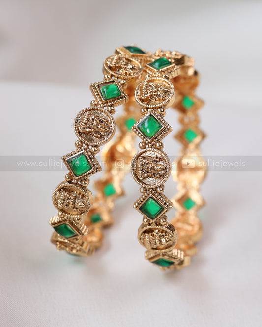 9072 - Sullie Basic - Green Square Stone Lakshmi Coin Bangle - Set of 2