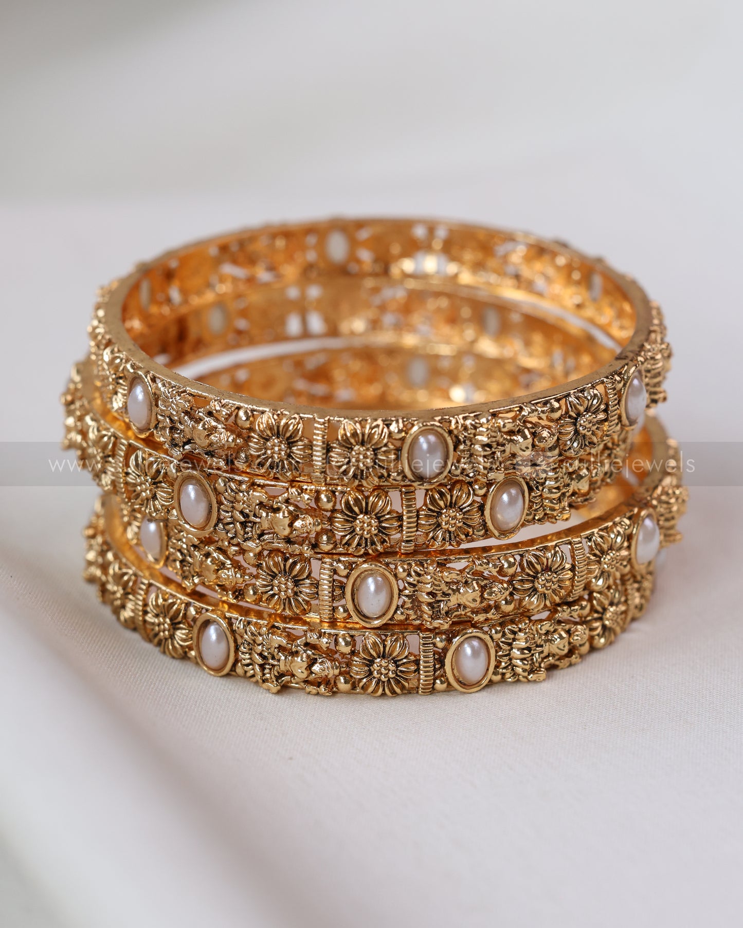 Sullie Basic - Gold Floral Lakshmi Pearl Bangle Combo - Set of 10 Bangles