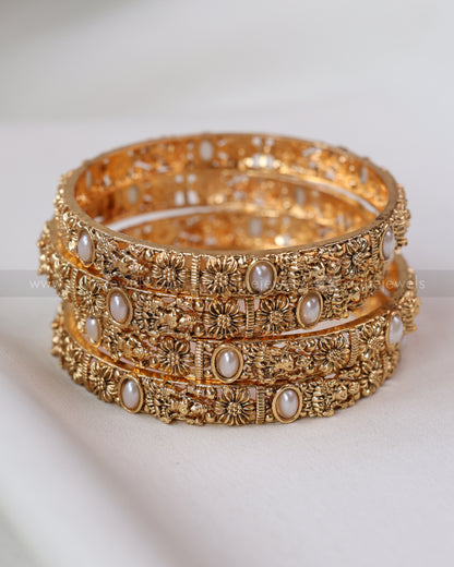 Sullie Basic - Gold Floral Lakshmi Pearl Bangle Combo - Set of 10 Bangles