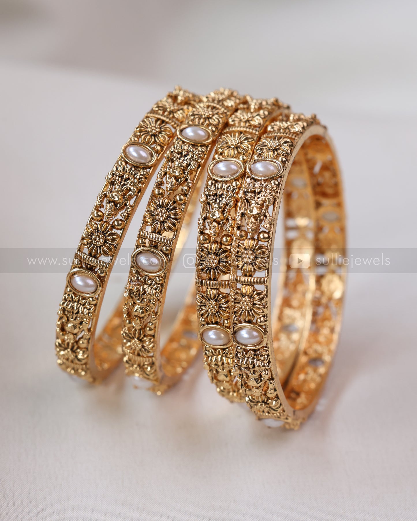 Sullie Basic - Gold Floral Lakshmi Pearl Bangle Combo - Set of 10 Bangles