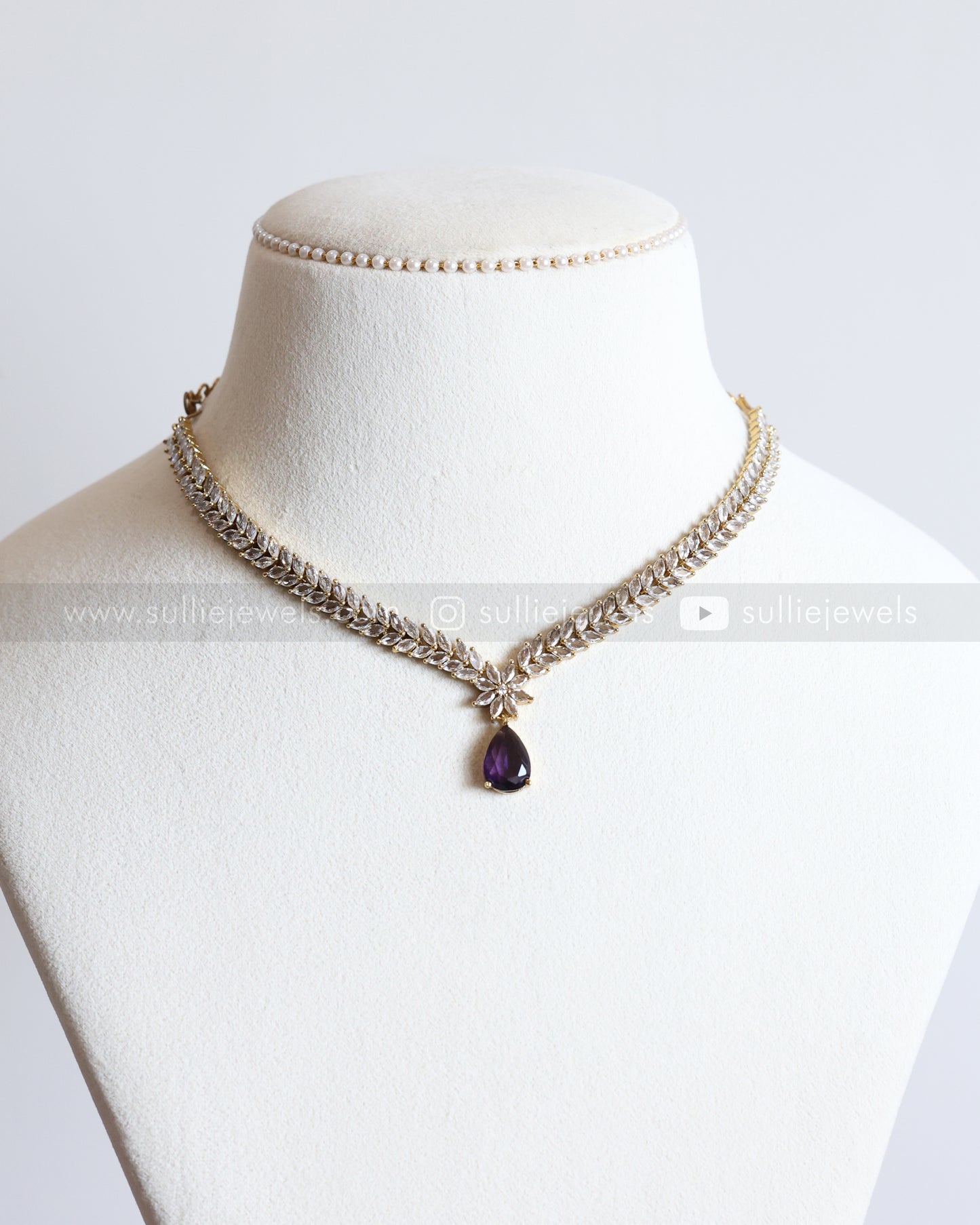 3682 - Violet Raindrop AD Stone Leaf Necklace with Earring