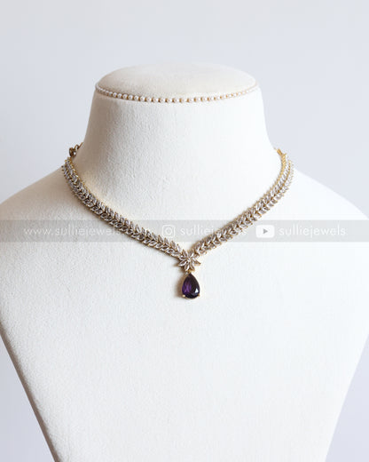 3682 - Violet Raindrop AD Stone Leaf Necklace with Earring