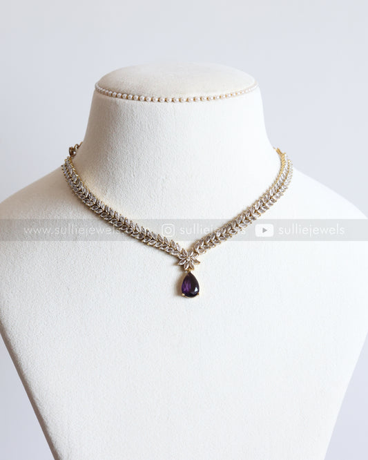 3682 - Violet Raindrop AD Stone Leaf Necklace with Earring