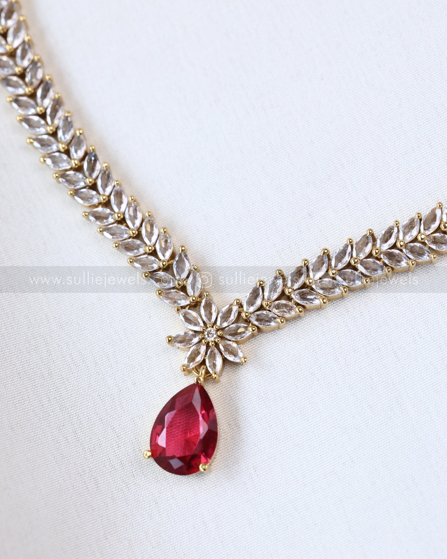 3680 - Ruby Raindrop AD Stone Leaf Necklace with Earring