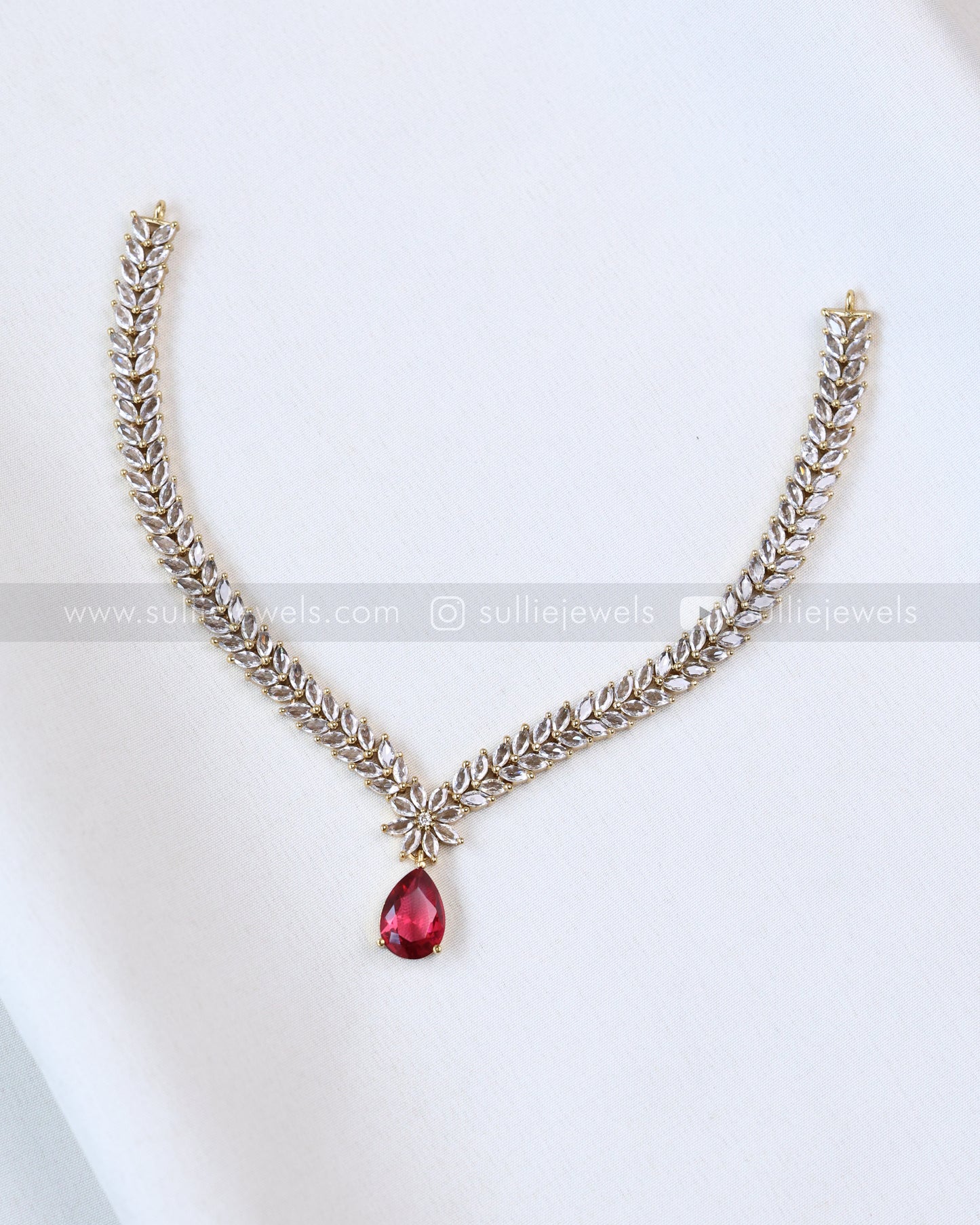 3680 - Ruby Raindrop AD Stone Leaf Necklace with Earring