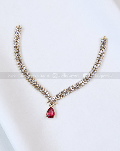 3680 - Ruby Raindrop AD Stone Leaf Necklace with Earring