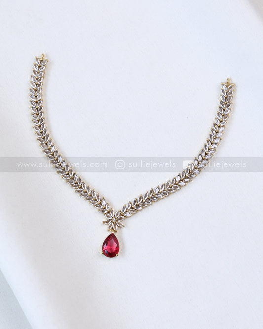 3680 - Ruby Raindrop AD Stone Leaf Necklace with Earring