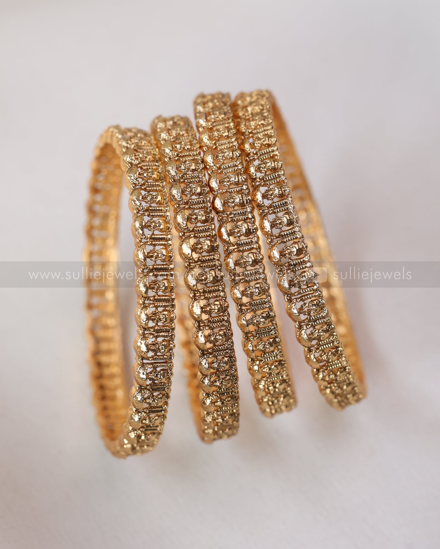 Sullie Basic - Gold Floral Lakshmi Pearl Bangle Combo - Set of 10 Bangles