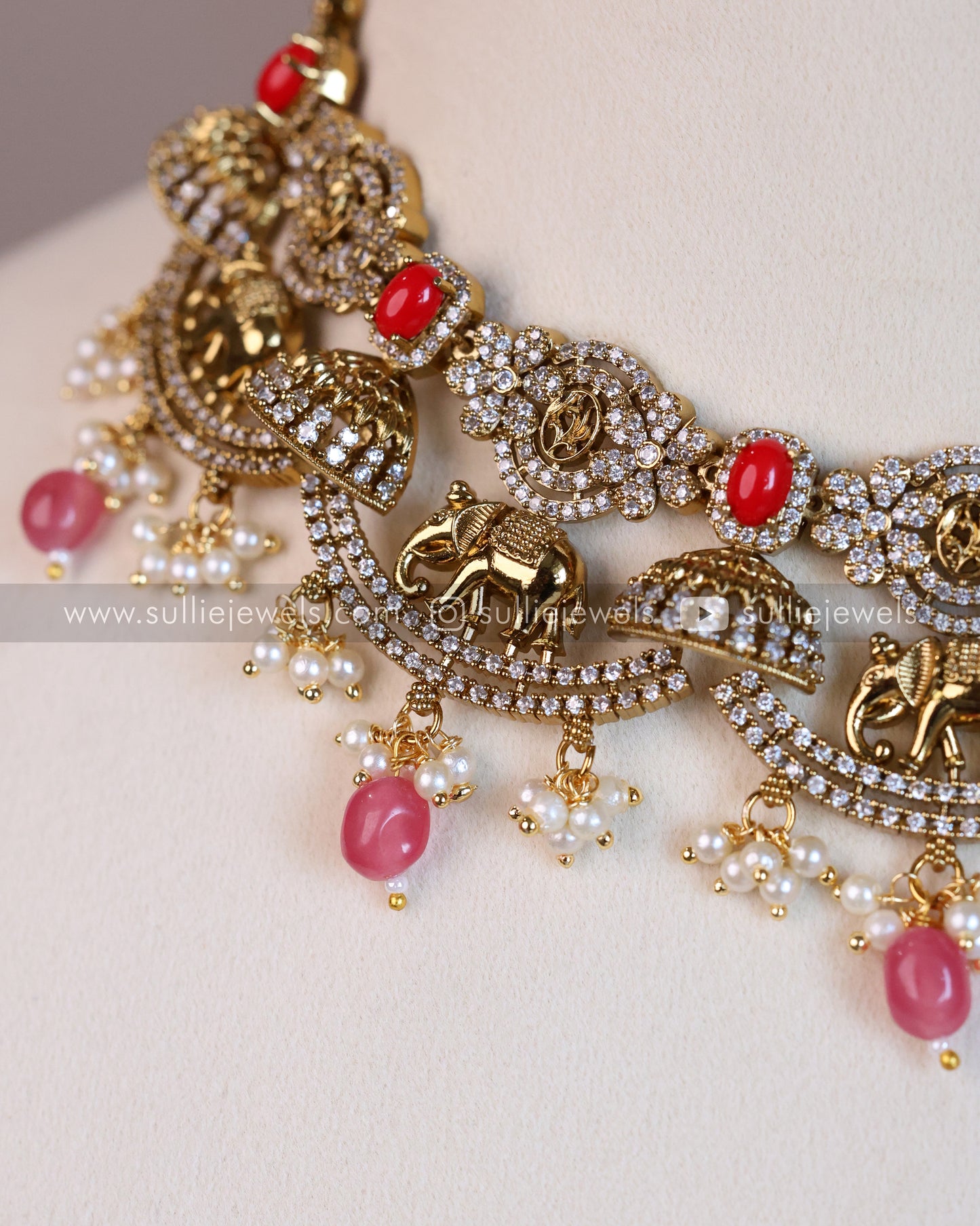 Elephant Coral & Stone Necklace with Earring