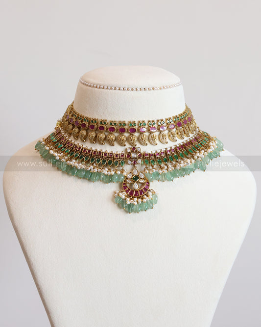 Ruby & Green Premium Layered Bridal Combo with Mint Beads ( 4 piece )