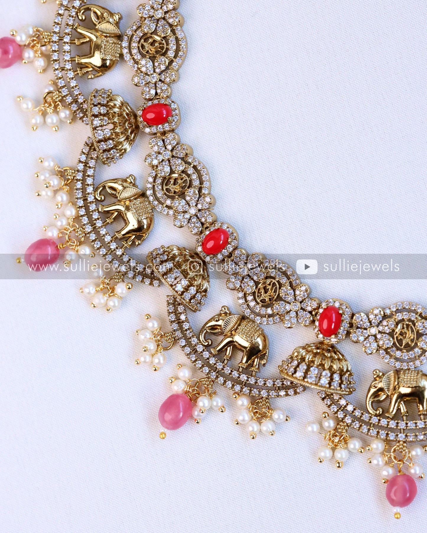 Elephant Coral & Stone Necklace with Earring