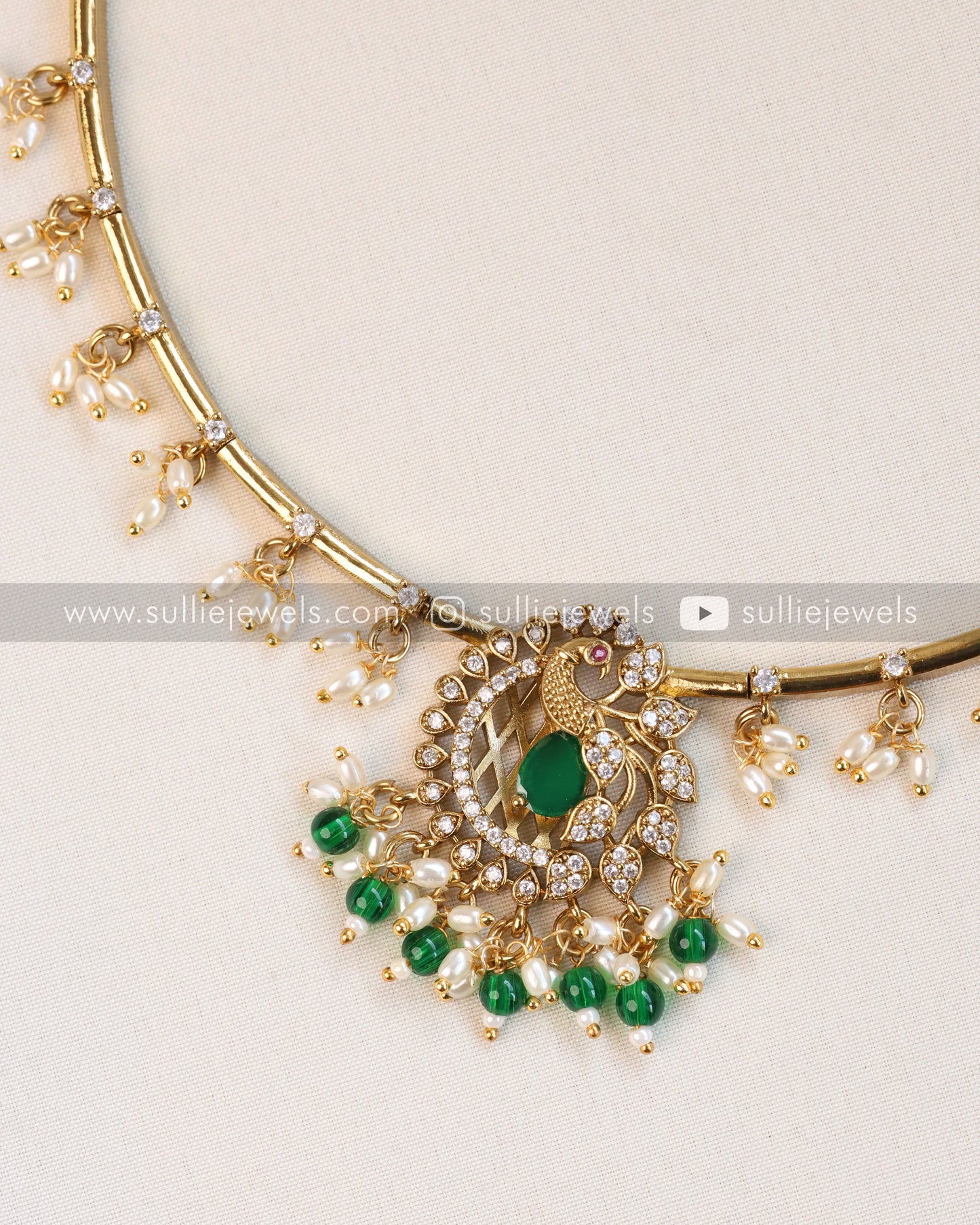 Peacock Green Stone Hasli with Pearl drops and Earring