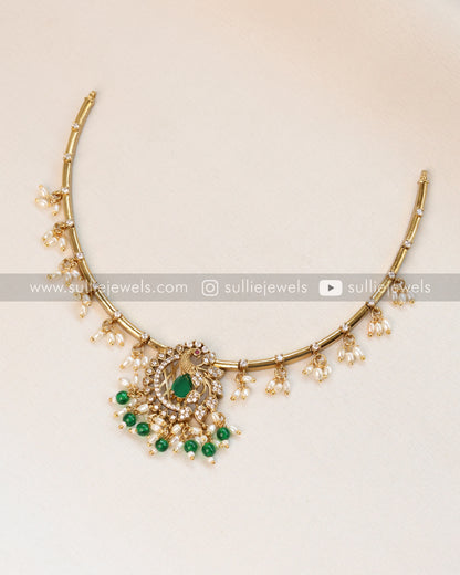 Peacock Green Stone Hasli with Pearl drops and Earring