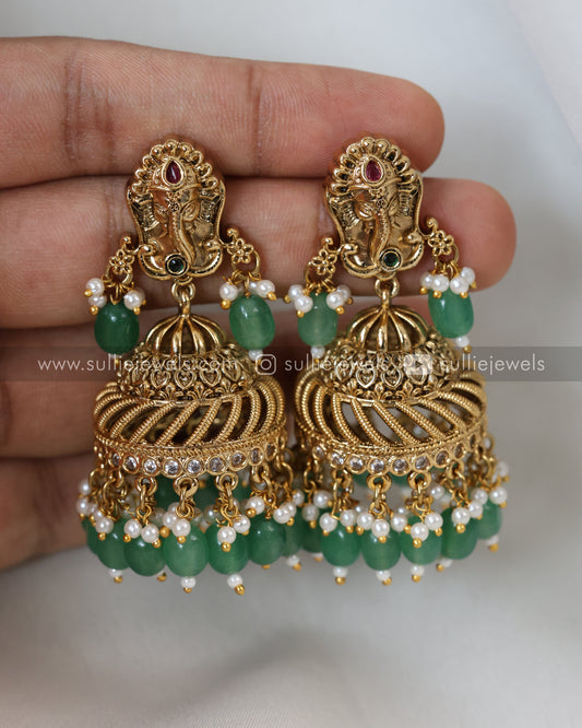 Premium Gold Ganesh Spiral Jhumka - Mint Beads