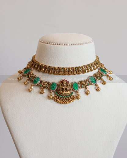 Lakshmi Detailed Green Carved Stone Coin Layered Combo