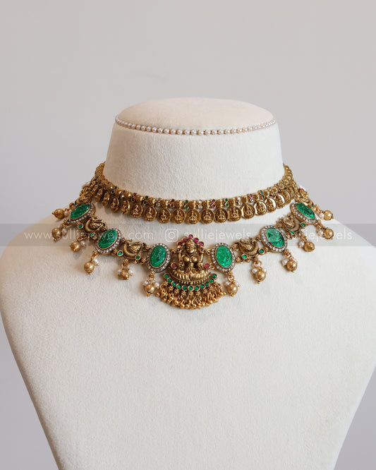 Lakshmi Detailed Green Carved Stone Coin Layered Combo