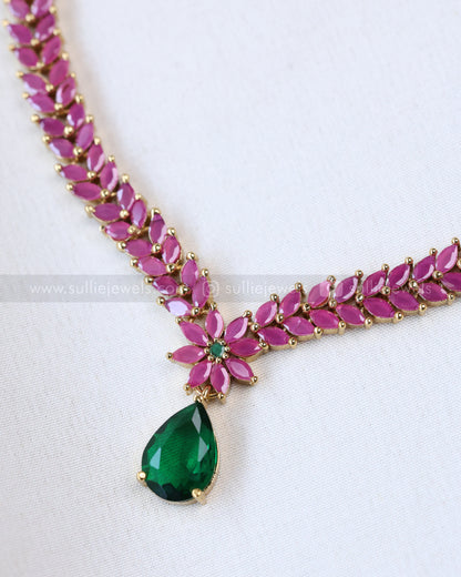 3684 - Emerald Raindrop Full Pink Leaf Necklace with Earring