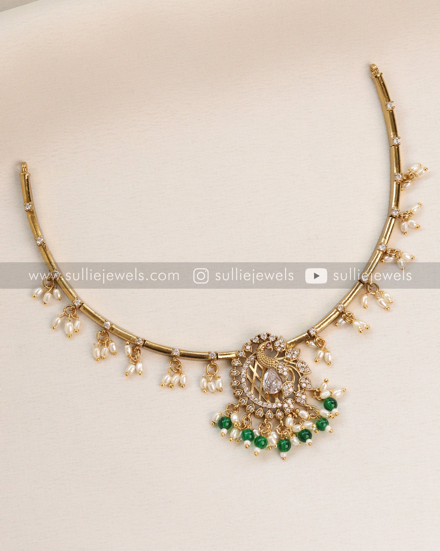 Peacock White Stone Hasli with Pearl drops and Earring