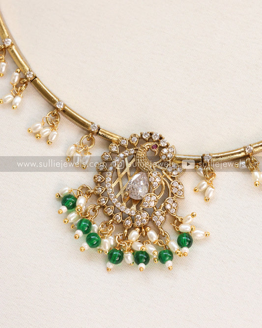 Peacock White Stone Hasli with Pearl drops and Earring