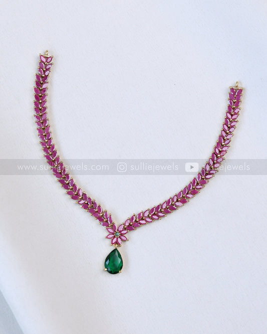 3684 - Emerald Raindrop Full Pink Leaf Necklace with Earring