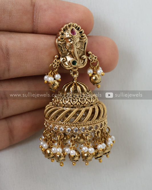 Premium Gold Ganesh Spiral Jhumka - Gold Beads