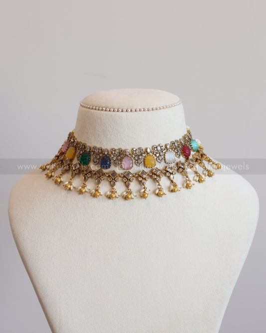 Diamond with Multicolour Carved Stone Layered Combo
