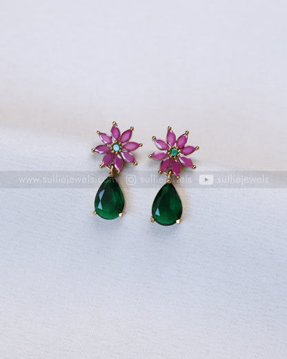 3684 - Emerald Raindrop Full Pink Leaf Necklace with Earring