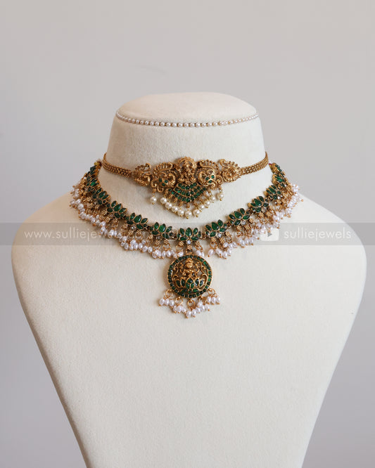 Lakshmi Pendant Green Stone Lotus layered Combo