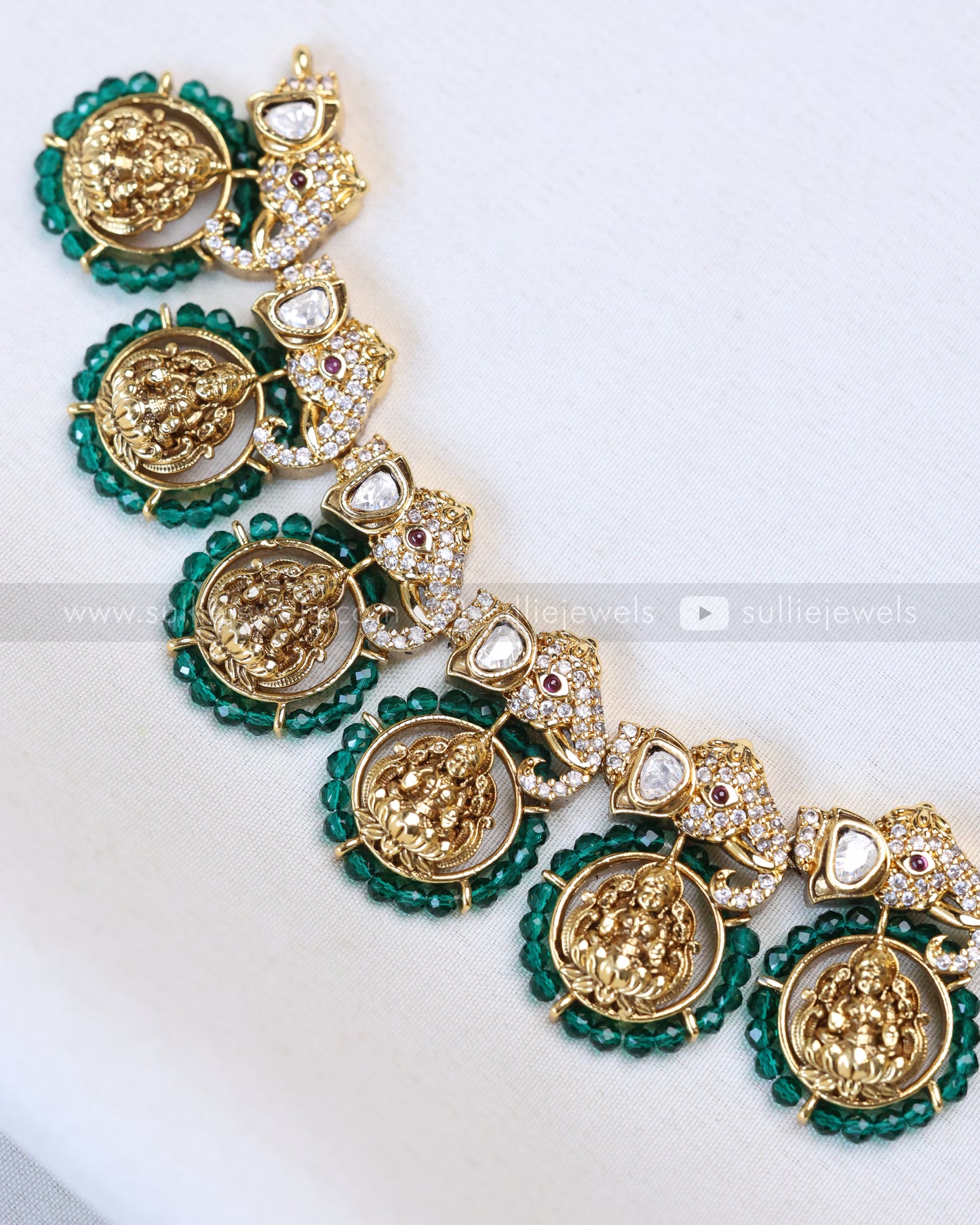 3714 - Green Beads Lakshmi AD Polki Elephant Necklace with Stud