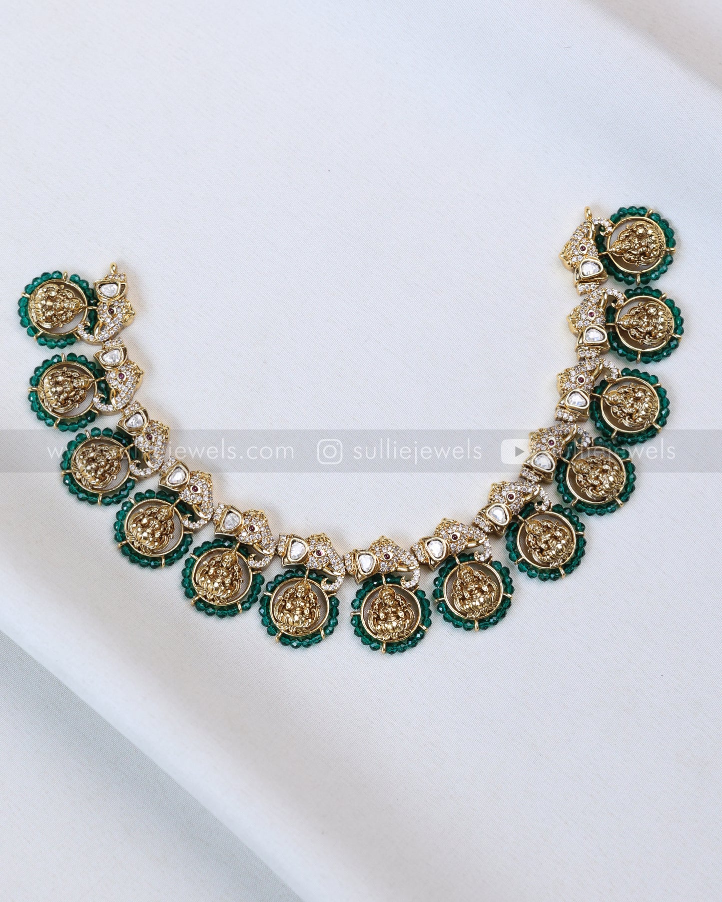 3714 - Green Beads Lakshmi AD Polki Elephant Necklace with Stud