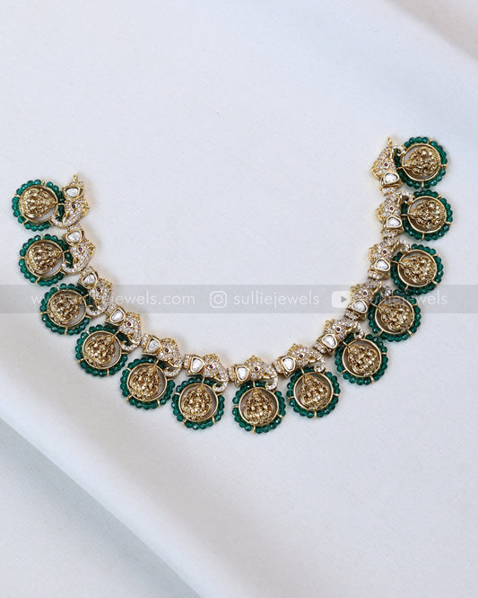 3714 - Green Beads Lakshmi AD Polki Elephant Necklace with Stud