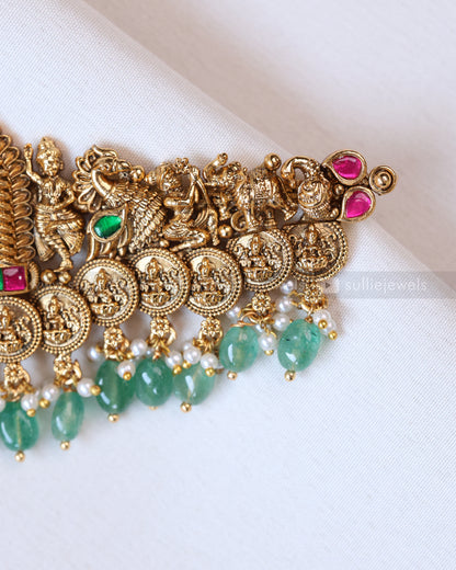 2126 - Premium Gold Lakshmi Coin Choker with Stud - Mint Beads