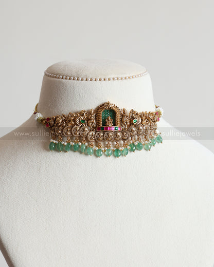 2126 - Premium Gold Lakshmi Coin Choker with Stud - Mint Beads