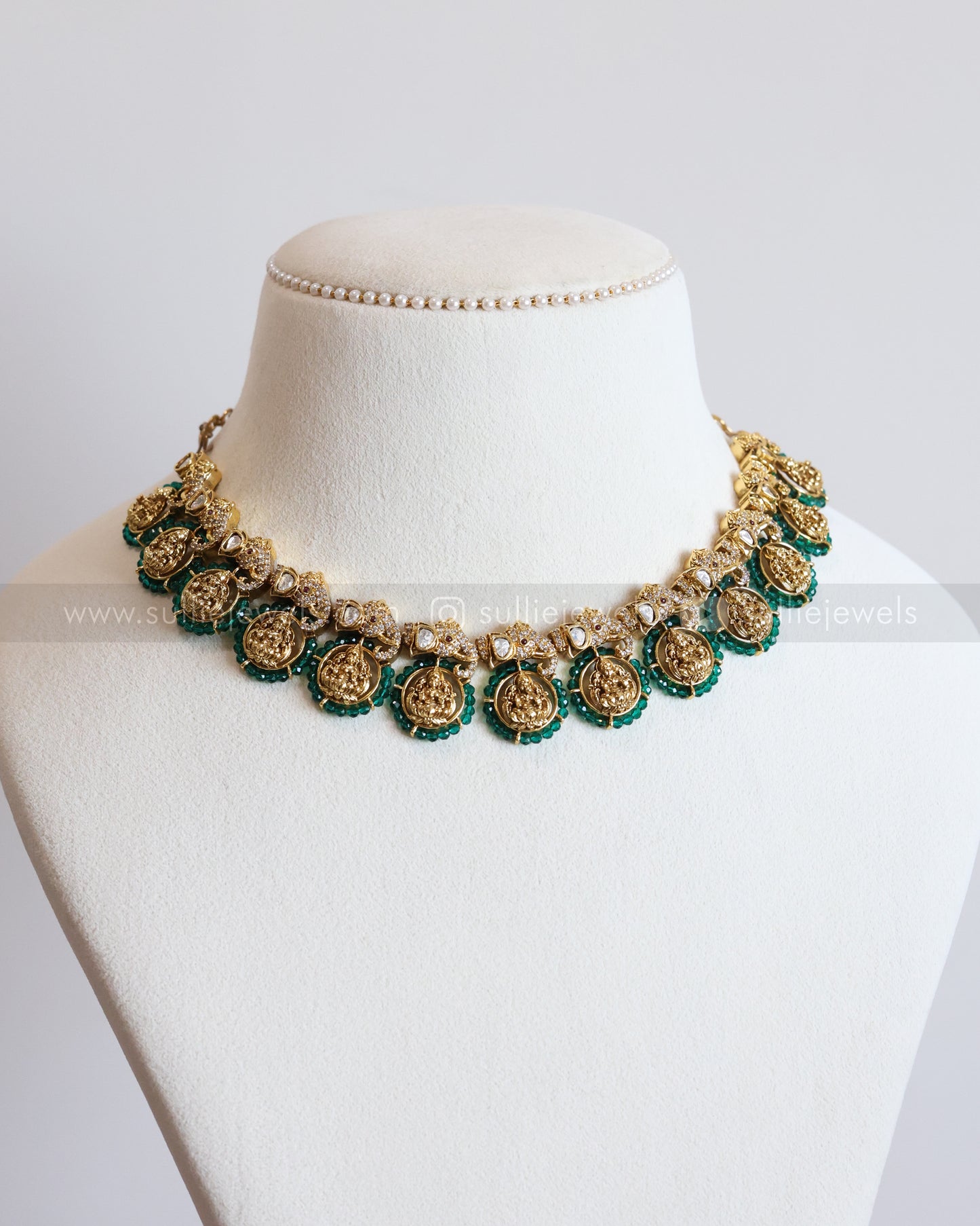 3714 - Green Beads Lakshmi AD Polki Elephant Necklace with Stud