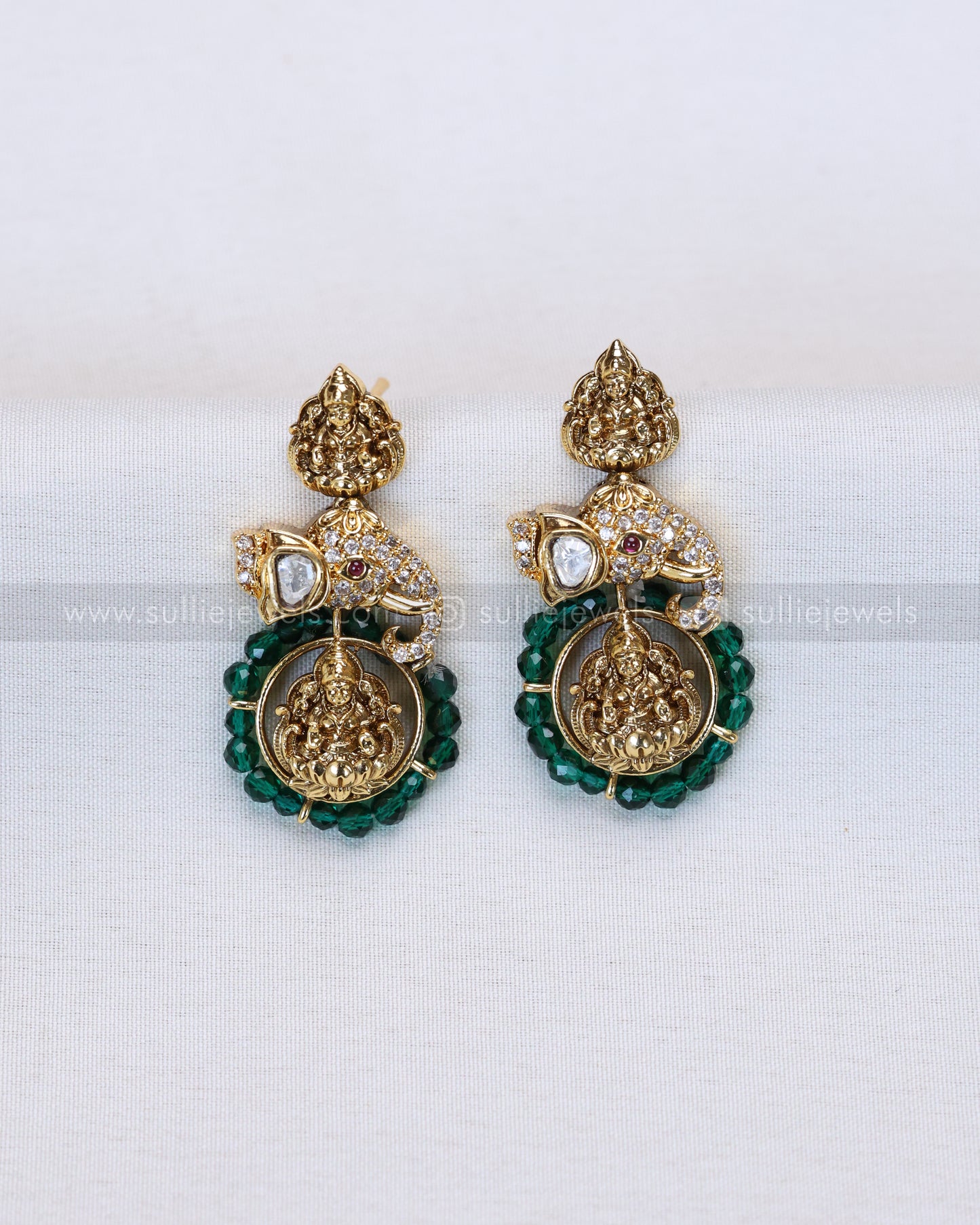 3714 - Green Beads Lakshmi AD Polki Elephant Necklace with Stud