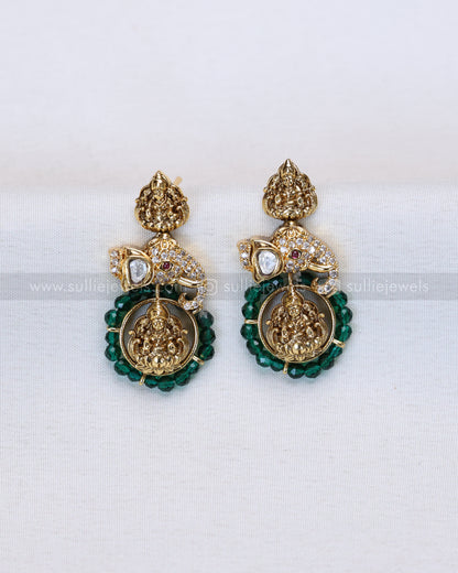 3714 - Green Beads Lakshmi AD Polki Elephant Necklace with Stud